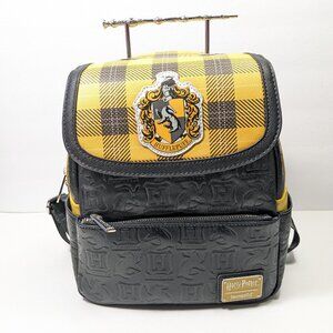 Rare Harry Potter Loungefly Hufflepuff Mini Backpack Black Yellow Plaid Embossed